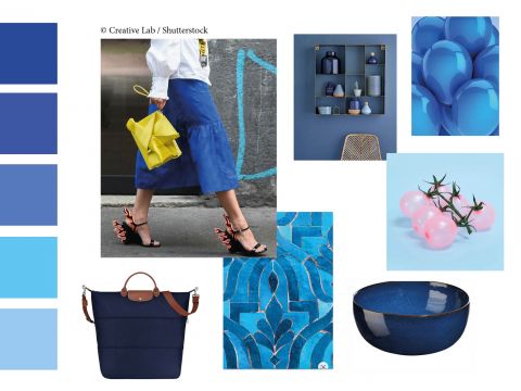 Eine Collage rund um das Thema Blau. Sie zeigt Farbmuster in Blautönen, eine Frau in einem blauen Rock und einer gelben Tasche, blaue Luftballons, Wohndekor, eine blaue Tasche, rosa Glasbeeren, eine blaue Schüssel und eine blau gemusterte Fliese.