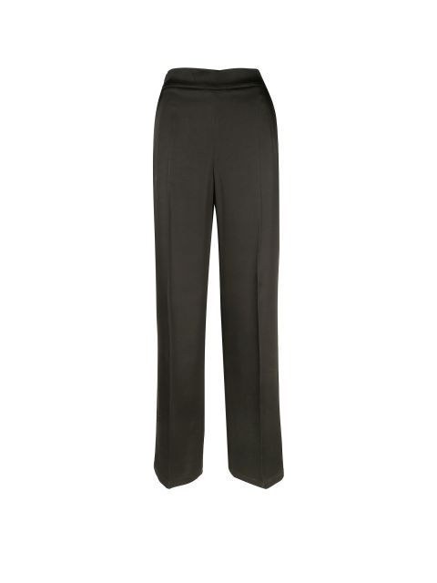 Eine schwarze Hose mit hoher Taille auf weißem Hintergrund. Die Hose hat einen geraden Schnitt und eine glatte Textur.