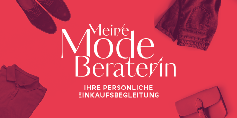 Ein rosa Hintergrund mit dem Text „Meine Mode Beraterin“ und „Ihre persönliche Einkaufsbegleitung“. Um den Text herum sind Bilder von Schuhen, einer Jacke, einem gefalteten Hemd und einer Handtasche zu sehen.