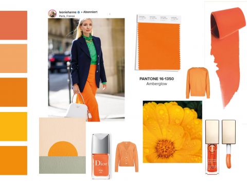 Eine Collage mit der Pantone-Farbe Amberglow (16-1350) mit dem Bild einer Frau in leuchtend orangefarbenen Hosen, einer marineblauen Jacke und einem grünen Hemd. Enthält Farbmuster, orangefarbenes Make-up, eine Blume und Modeartikel in Orangetönen.