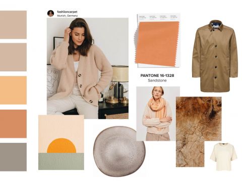 Eine Modecollage in neutralen und erdigen Tönen mit Stoffmustern, einer Frau in einer kuscheligen beigefarbenen Strickjacke, einem hellorangen Pantone-Muster, einem beigen Mantel und einem Kunstwerk mit Sonnenuntergangsmotiv. Der Schauplatz wird als München, Deutschland beschrieben.