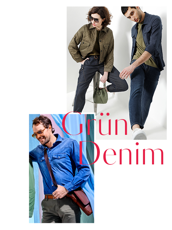 Modecollage mit Models in Jeans-Outfits. Das obere Bild zeigt einen Mann und eine Frau in lässiger Jeanskleidung, während das untere Bild einen Mann in Jeanshemd und Sonnenbrille zeigt. In rotem Text steht „Grün Denim“.