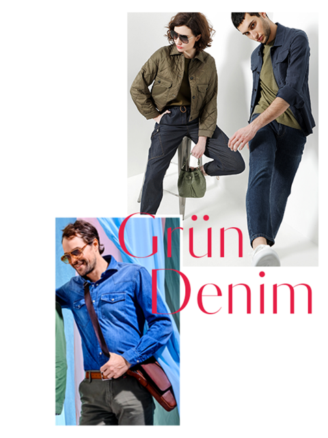 Auf zwei Bildern sind Menschen in stylischen Jeans-Outfits zu sehen. Das obere Bild zeigt zwei Personen in Jeansjacken und -hosen. Das untere Bild zeigt eine Person in einem blauen Jeanshemd. Der Text „Grün Denim“ ist prominent in Rot dargestellt.