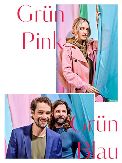 Eine Frau in einem rosa Mantel steht neben bunten Vorhängen, während zwei Männer in blauen Jacken lächelnd nebeneinander stehen. In fettem roten Text steht oben „Grün Pink“ und unten „Grün Blau“.