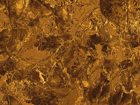 Abstraktes Bild mit einer komplexen, strukturierten Oberfläche mit metallischem Gold-Look. Die komplizierten Muster und Reflexionen erzeugen ein Gefühl von Tiefe und Bewegung und erinnern an geschmolzenes Metall oder eine schimmernde goldene Landschaft.