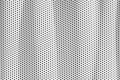 Ein Stoff mit einem schwarz-weißen Tupfenmuster bildet sanfte Wellen. Die Punkte sind gleichmäßig verteilt, sodass eine einheitliche Textur über das gesamte Material verteilt ist. Schatten und Glanzlichter betonen die Falten und verleihen der Oberfläche ein dreidimensionales Aussehen.