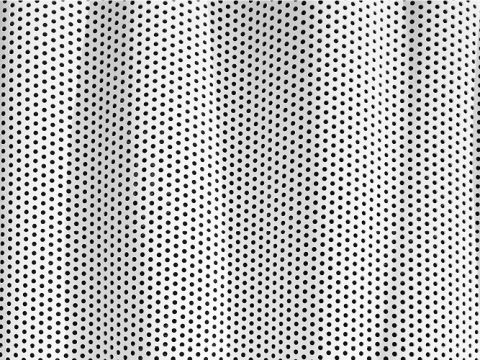 Ein Stoff mit einem schwarz-weißen Tupfenmuster bildet sanfte Wellen. Die Punkte sind gleichmäßig verteilt, sodass eine einheitliche Textur über das gesamte Material verteilt ist. Schatten und Glanzlichter betonen die Falten und verleihen der Oberfläche ein dreidimensionales Aussehen.