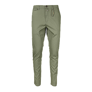 Olivgrüne Hose im Slim Fit-Design mit Knopf- und Reißverschluss. Sie hat Gürtelschlaufen und an einer der Schlaufen ist ein kleines Etikett befestigt. Die Hose ist auf einem schlichten weißen Hintergrund abgebildet.