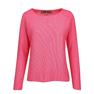 Ein rosa Langarmpullover mit Rundhalsausschnitt auf einem schlichten weißen Hintergrund. Der Pullover hat in der Mitte eine dezente vertikale Naht und wirkt leicht mit einer weichen Textur.