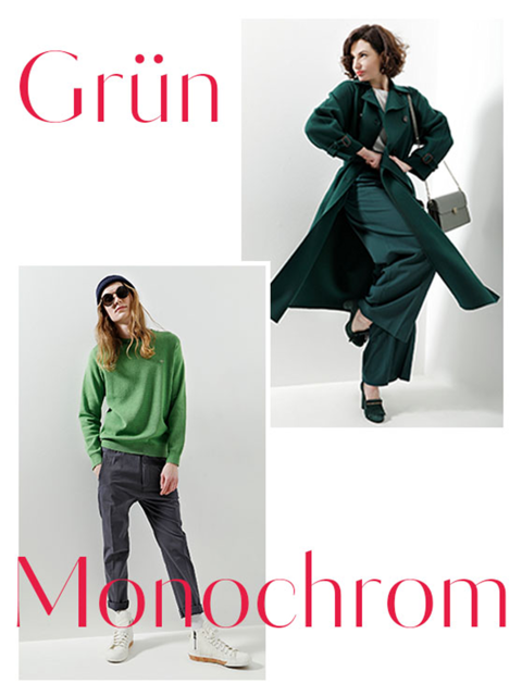 Zwei Models präsentieren grüne monochrome Outfits. Das erste Model trägt einen grünen Pullover und graue Hosen mit einer Mütze und einer Sonnenbrille. Das zweite Model trägt einen langen grünen Mantel über einem Kleid und hält eine kleine Handtasche in der Hand. Der Text lautet „Grün Monochrom.