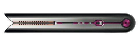 Nahaufnahme eines eleganten Haarglätters mit metallischem Finish und rosa Akzenten. Das Gerät ist geöffnet dargestellt, sodass die inneren Komponenten und Glättplatten sichtbar sind. Das Design ist modern und elegant.
