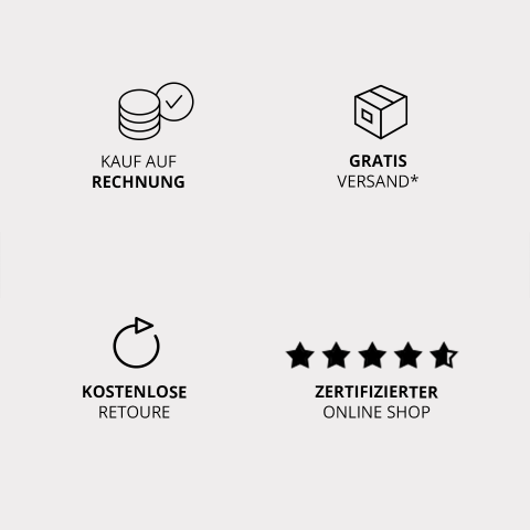 Icons mit deutschem Text: „Kauf auf Rechnung“ mit einem Münz-Symbol, „Gratis Versand*“ mit einem Kästchen-Symbol, „Kostenlose Retoure“ mit einem runden Pfeil-Symbol, „Zertifizierter Online-Shop“ mit einem Bewertungsstern-Symbol.
