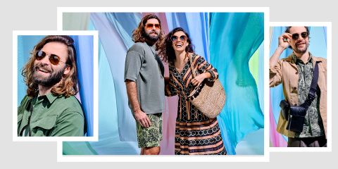 Ein Mann und eine Frau mit Sonnenbrille stehen lächelnd vor buntem Stoff. Der Mann trägt ein grünes Hemd und Shorts, die Frau ein gemustertes Kleid und eine Strohtasche. Umliegende Bilder zeigen den Mann in unterschiedlichen Outfits und mit Sonnenbrillen.
