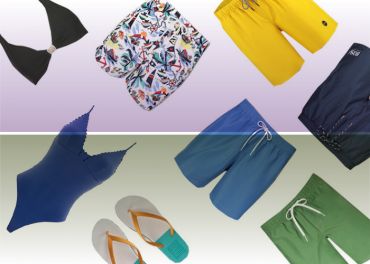 Verschiedene Badeanzüge: ein schwarzes Bikinioberteil, bunt gemusterte Badeshorts, gelbe Shorts, dunkelblaue Shorts, ein blauer Badeanzug, blaue Badehosen, grüne Badehosen und ein Paar gelb-blaue Flip-Flops auf einem Hintergrund mit Farbverlauf.