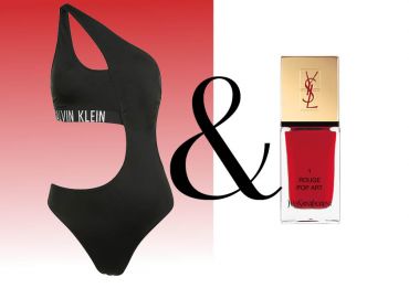 Zu einem schwarzen Badeanzug mit dem Text „Calvin Klein“ passt eine Flasche roten Nagellack mit der Aufschrift „YSL 1 Rouge Pop Art“ auf einem rot-weißen Hintergrund mit Farbverlauf.