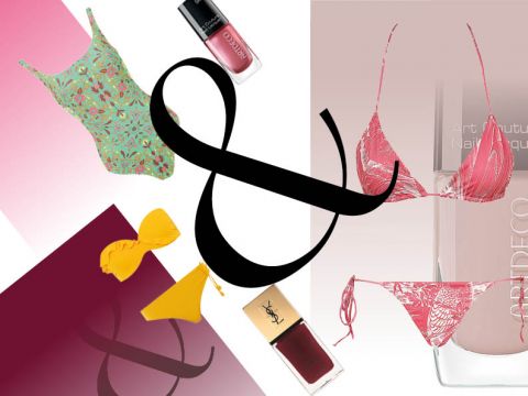 Eine Collage mit einem grünen Badeanzug mit Blumenmuster, rosa und roten Bikinis, zwei Flaschen Nagellack in Pink und Burgunder, einem großen schwarzen Und-Zeichen und einer gelben Schleife auf einem Hintergrund mit Farbverlauf.