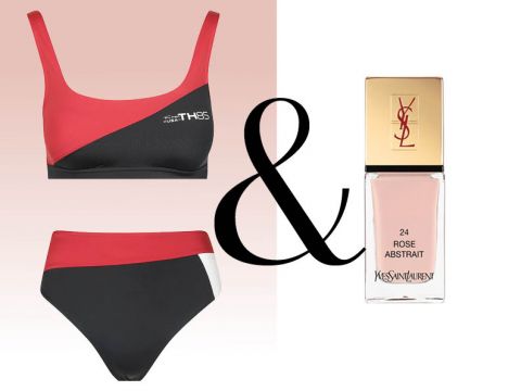 Das Bild zeigt links ein rot-schwarzes Bikini-Set und rechts eine Flasche Yves Saint Laurent-Nagellack im Farbton 24 Rose Abstrait, dazwischen ein großes Und-Zeichen.