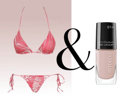 Links ist ein rosa gemusterter Bikini zu sehen, rechts ein Fläschchen Artdeco Nagellack in einem Beigeton. In der Mitte dazwischen befindet sich ein Et-Zeichen.