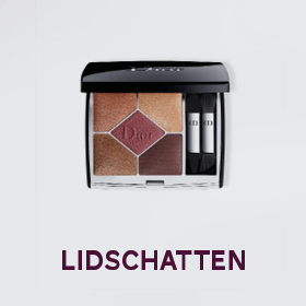 Eine Dior-Lidschattenpalette mit fünf Farbtönen, darunter Brauntöne und ein dunkles Burgunderrot, auf einem hellgrauen Hintergrund. Darunter steht in fetten, dunklen Buchstaben das Wort „LIDSCHATTEN“.