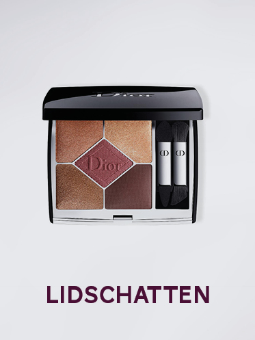 Eine Palette mit Dior-Lidschatten in fünf Farbtönen, darunter Braun-, Gold- und Burgundertöne. Dazu gehören zwei kleine Applikatorpinsel. Darunter steht das deutsche Wort „Lidschatten“.