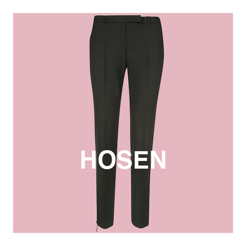 Schwarze Hose auf rosa Hintergrund mit der Aufschrift „HOSEN“ quer über den Beinen.