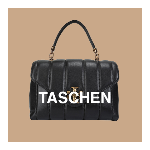 Eine stilvolle schwarze gesteppte Handtasche mit goldenem Verschluss steht zentriert vor einem beigen Hintergrund. Das Wort „TASCHEN“ ist in fetten weißen Buchstaben über das Bild gelegt.