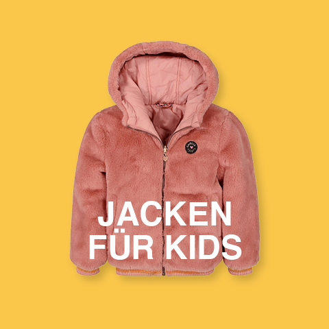 Auf gelbem Untergrund ist eine rosafarbene flauschige Jacke mit Kapuze abgebildet. Über der Jacke steht in weißer Schrift der Text „JACKEN FÜR KIDS“.