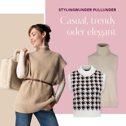 Eine lächelnde Frau in einem beigen ärmellosen Rollkragenpullover, der mit einem Gürtel zusammengehalten wird, hält eine flauschige Tasche. Im Hintergrund sind zwei Pullover zu sehen: ein beiger Rollkragenpullover und eine schwarz-weiß gemusterte Weste. Der Text lautet: „Lässig, trendy oder elegant.“.