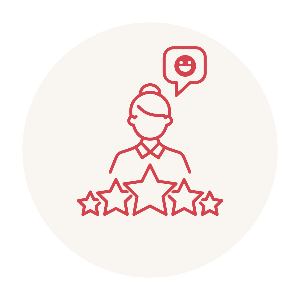 Symbol einer Person mit einer Sprechblase mit einem Smiley über dem Kopf, was positives Feedback bedeutet. Darunter werden fünf Sterne angezeigt, was auf ein Bewertungs- oder Rezensionssystem hindeutet.