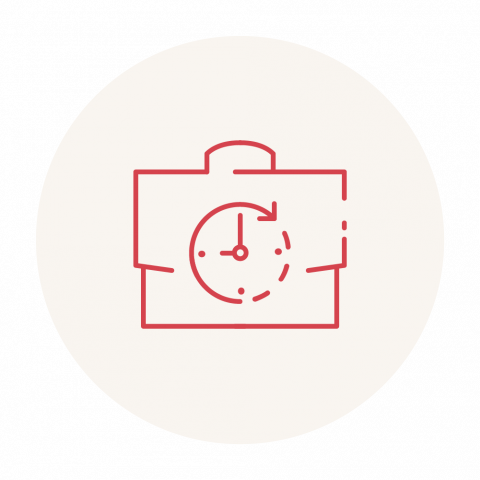 Symbol einer Aktentasche mit einer Uhr darauf, rot umrandet. Es suggeriert Zeitmanagement oder Geschäftsplanung, vor einem hellen, runden Hintergrund.