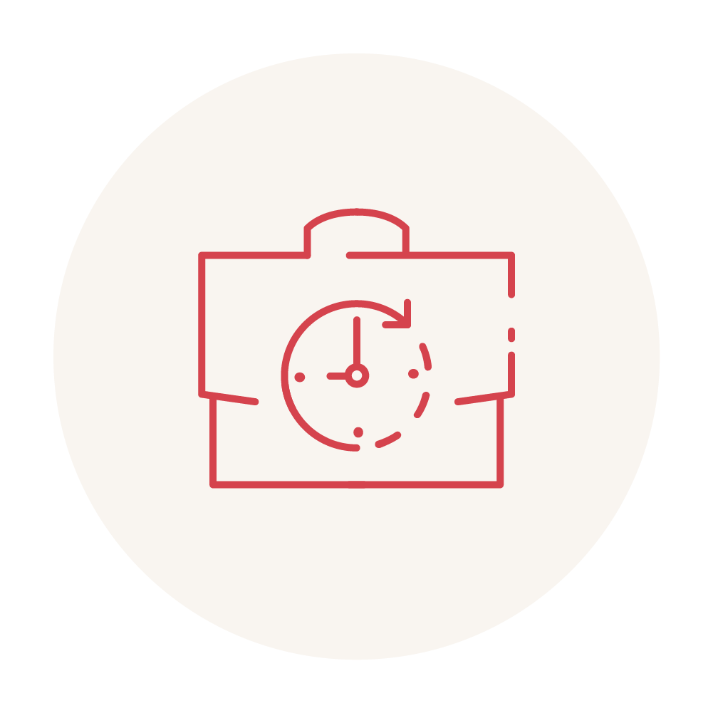 Symbol einer Aktentasche mit einer Uhr darauf, rot umrandet. Es suggeriert Zeitmanagement oder Geschäftsplanung, vor einem hellen, runden Hintergrund.