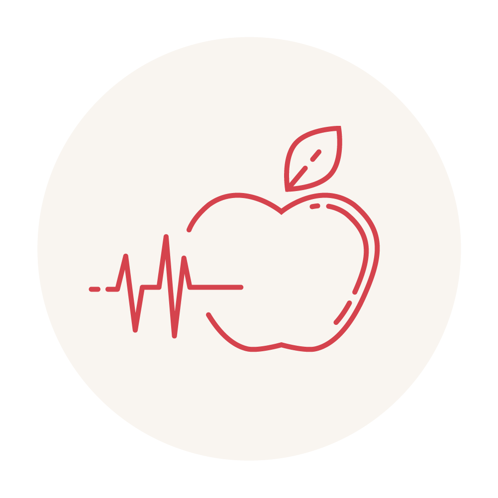 Eine minimalistische rote Strichzeichnung eines Apfels mit Blatt, durch den eine Herzfrequenzlinie verläuft, die Gesundheit und Wohlbefinden symbolisiert. Das Design ist vor einem hellen, kreisförmigen Hintergrund angeordnet.