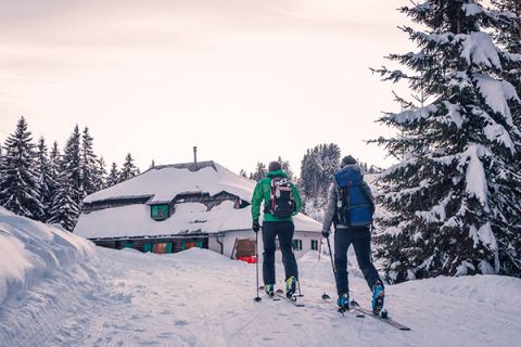 Zwei Personen fahren auf einer schneebedeckten Piste Ski bergauf zu einer gemütlichen, schneebedeckten Hütte, die von Bäumen umgeben ist. Der Himmel ist bedeckt und die Szene weckt das Gefühl von Abenteuer in einem Winterwunderland.