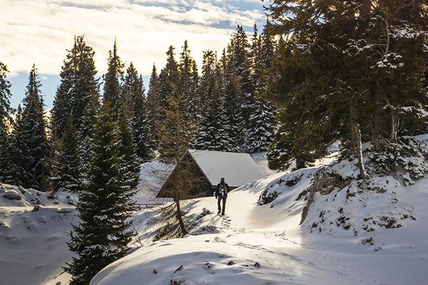Eine Person geht auf einem verschneiten Pfad auf eine kleine Hütte zu, die von Kiefern umgeben ist. Der Himmel ist teilweise bewölkt und das Sonnenlicht schafft eine ruhige Winterlandschaft.
