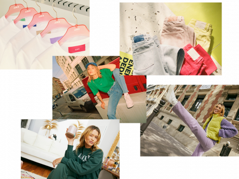 Eine Sammlung von Lifestyle-Bildern mit farbenfroher Kleidung. Oben links: weiße Hemden auf Kleiderbügeln; oben rechts: gefaltete Jeans in verschiedenen Farben; unten links: Person in einem grünen Sweatshirt mit einer Tasse; unten rechts: Person in hellem Outfit, die im Freien posiert.