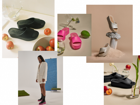 Collage aus verschiedenen Sandalen in Schwarz, Pink und Creme mit Früchten und Blumen, kunstvoll in Szene gesetzt. In einem Bildausschnitt steht eine Person in weißem Blazer und pinken Stiefeln.