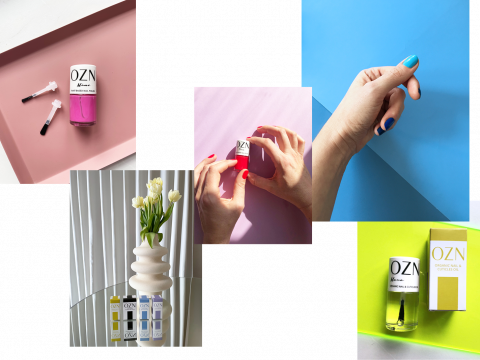 Collage aus Nagellackprodukten auf bunten Hintergründen. Enthält Aufnahmen von rosa, roten und gelben Lacken mit Händen, die blaue und hautfarbene Maniküre zeigen. Eine Vase mit weißen Blumen und gestapelten Lacken sorgt für zusätzliches visuelles Interesse.