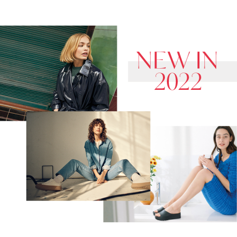 Eine Collage mit dem Titel „Neu im Jahr 2022“ zeigt drei Frauen, die Mode modeln: eine im schwarzen Mantel, eine andere in Jeans mit entspannter Pose und die dritte in einem blauen Kleid auf einem Stuhl sitzend.