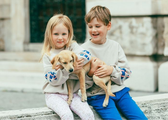 Zwei Kinder sitzen auf einem Steinvorsprung im Freien, lächeln und halten einen kleinen braunen Hund. Das Mädchen trägt gemusterte Leggings und ein Sweatshirt, während der Junge blaue Hosen und ein passendes Sweatshirt trägt. Im Hintergrund ist eine Gebäudefassade zu sehen.