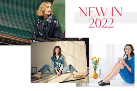 Collage von drei Frauen, die Mode präsentieren. Oben links: Frau in einer schwarzen Jacke. Unten links: Frau im Jeans-Outfit im Schneidersitz. Rechts: Frau im blauen Kleid neben Sonnenblumen sitzend. Oben rechts steht der Text „NEU IM JAHR 2022“.