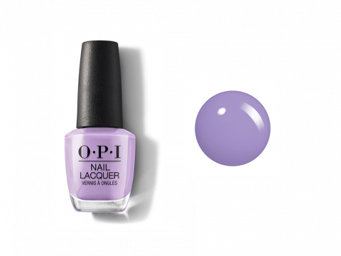Eine Flasche OPI-Nagellack in Lavendel mit einem passenden runden Farbmuster daneben auf weißem Hintergrund.