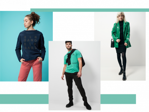 Eine junge Frau in einem blauen Sweatshirt und einer rosa Hose, ein Mann in einem grünen T-Shirt mit einem schwarzen Pullover über der Schulter und eine Frau in einer grünen Vinyljacke und einem schwarzen Kleid posieren vor schlichten Hintergründen.