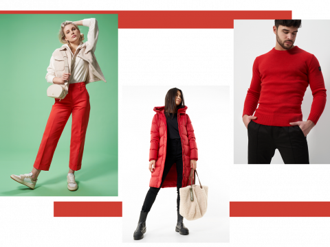 Eine Frau in roter Hose, weißem Oberteil und weißer Jacke, eine Frau in einem langen roten Puffermantel und ein Mann in einem roten Pullover und schwarzer Hose. Sie stehen vor schlichten Hintergründen mit roten grafischen Elementen.