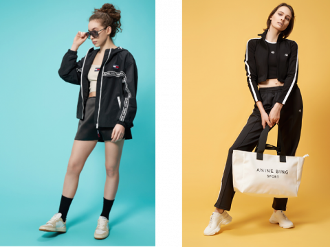 Zwei Frauen präsentieren sportliche Freizeitoutfits. Die erste trägt eine Jacke, Shorts, Turnschuhe und eine Sonnenbrille auf blauem Hintergrund. Die zweite trägt einen schwarzen Trainingsanzug, ein bauchfreies Oberteil und hält eine weiße Sporttasche auf gelbem Hintergrund.