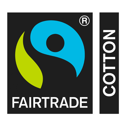Das Logo von Fairtrade Cotton zeigt eine stilisierte menschliche Figur in Blau und Grün auf schwarzem Hintergrund, mit dem Text „FAIRTRADE“ darunter und „COTTON“ auf der rechten Seite.