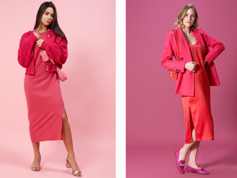 Zwei Frauen stehen vor einem rosa Hintergrund, jede trägt rosa und rote Kleidung. Die erste Frau trägt ein rosa Kleid und einen roten Pullover mit Absätzen, während die zweite ein rotes Kleid mit einem rosa Blazer und flachen Schuhen trägt. Beide tragen kleine Handtaschen.
