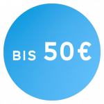 Blauer Kreis mit weißem Text, der „BIS 50 €“ lautet.