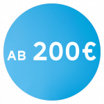 Ein blauer Kreis mit weißem Text, auf dem steht „AB 200€.“.