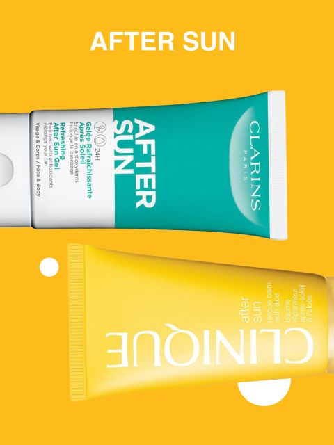 Zwei Tuben mit After-Sun-Hautpflegeprodukten auf leuchtend gelbem Hintergrund. Eine Tube ist türkis mit weißem Text, die andere hat einen Farbverlauf in Gelb mit weißem und gelbem Text. Beide tragen die Aufschrift „After Sun“.
