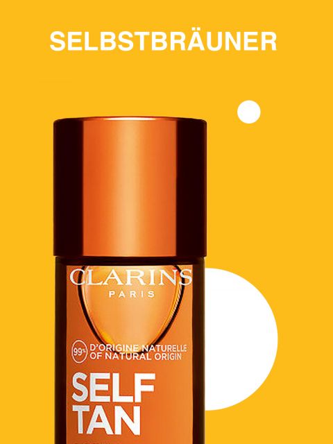 Eine Flasche Selbstbräuner von Clarins Paris auf leuchtend gelbem Untergrund. Auf dem Etikett steht „D'origine naturelle natürlichen Ursprungs“ und „99 %“. Oben steht in fetten weißen Buchstaben das Wort „Selbstbräuner“.